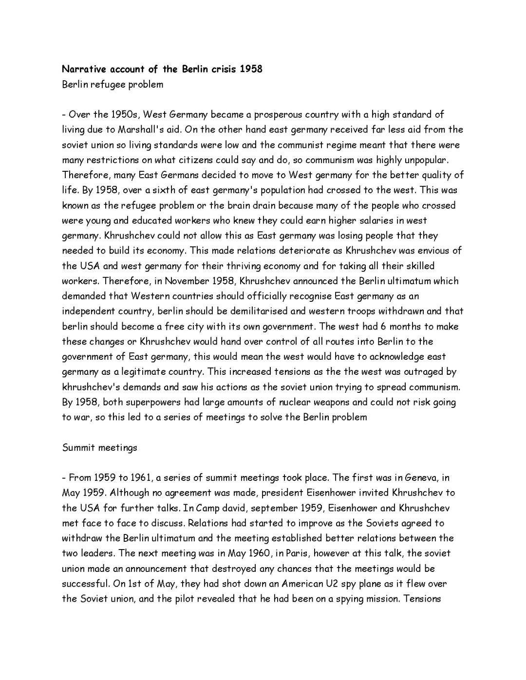 GCSE History Cold War: Berlin Crisis 1958 Notes PDF and More!