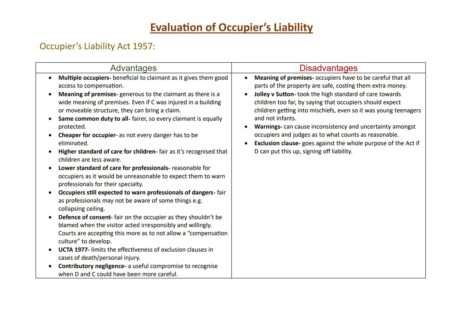 Occupier's Liability Act 1957:
Evaluation of Occupier's Liability
● Meaning of premises- generous to the claimant as there is a
wide meaning
