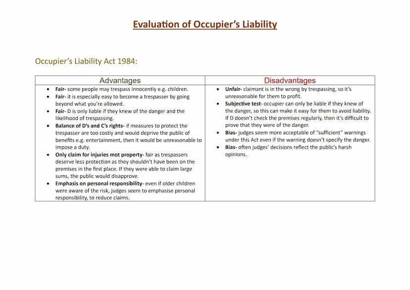 Occupier's Liability Act 1957:
Evaluation of Occupier's Liability
● Meaning of premises- generous to the claimant as there is a
wide meaning