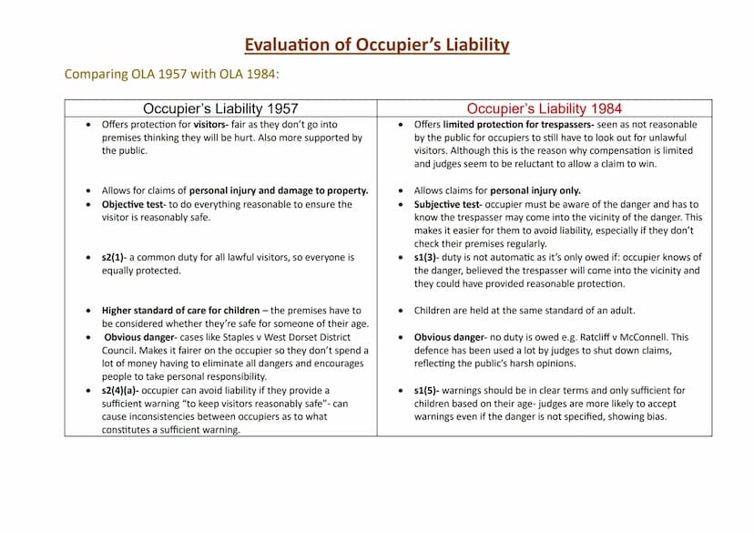 Occupier's Liability Act 1957:
Evaluation of Occupier's Liability
● Meaning of premises- generous to the claimant as there is a
wide meaning