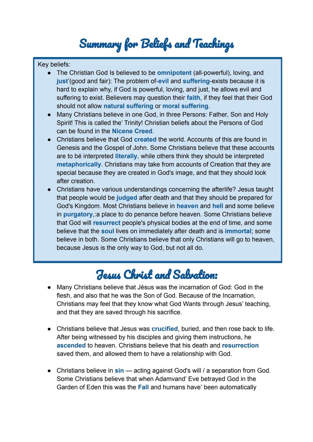 GCSE RE - Christianity Beliefs - Summary of the whole topic