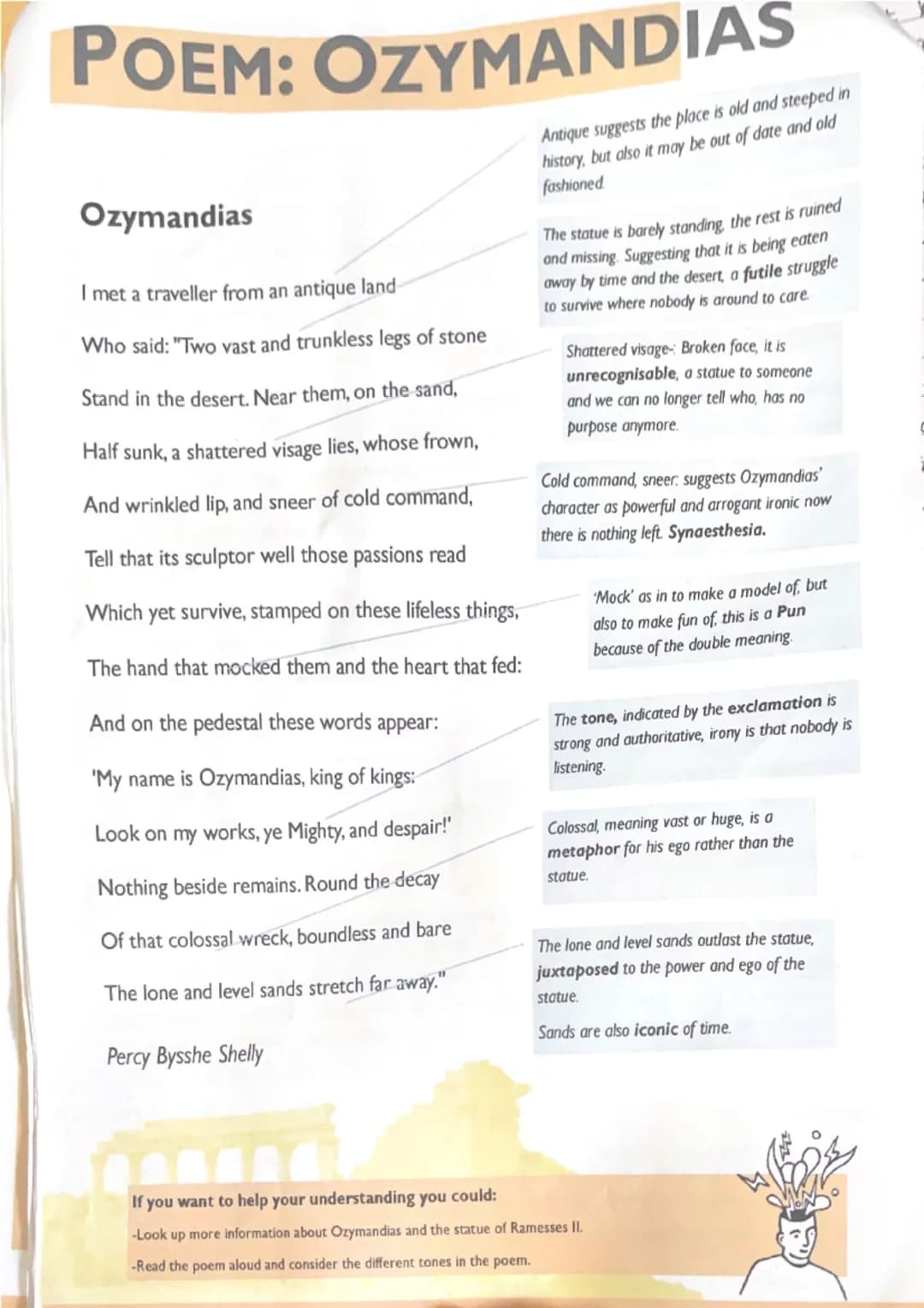 # POEM: OZYMANDIAS

Ozymandias

I met a traveller from an antique land

Who said: "Two vast and trunkless legs of stone

Stand in the desert