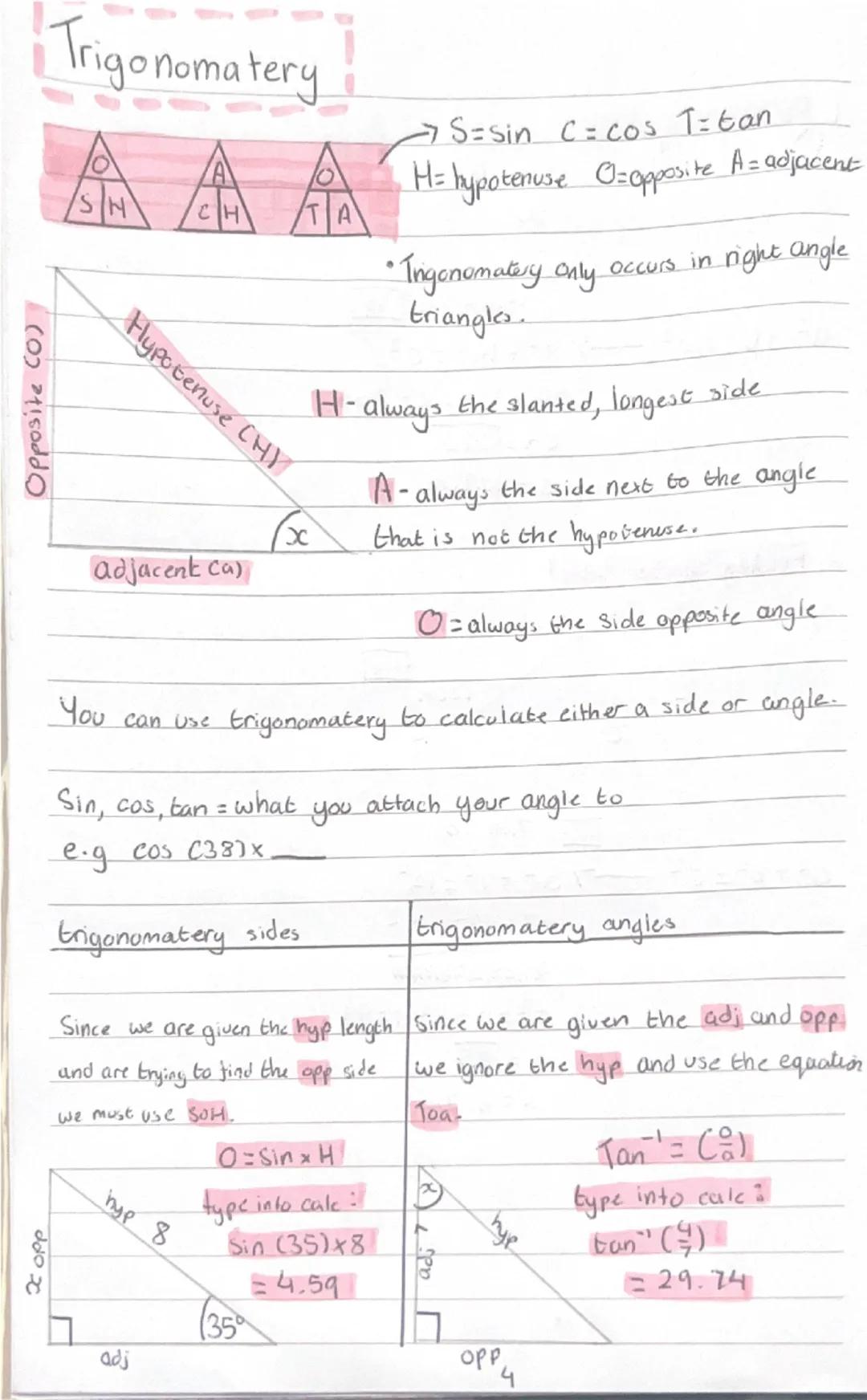 Trigonomatery
Opposite (O),
SH
CH
A
Hypotenuse (HY
X
adjacent ca)
→S=sin C = cos T=tan.
H= hypotenuse O = Opposite A = adjacent
• Inigonomat