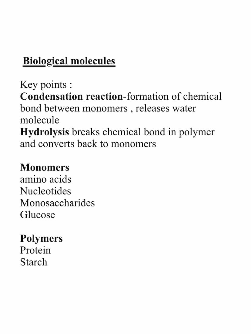 BIOLOGICAL
MOLECULES
REVISION NOTES Biological molecules
Key points:
Condensation reaction-formation of chemical
bond between monomers, rele