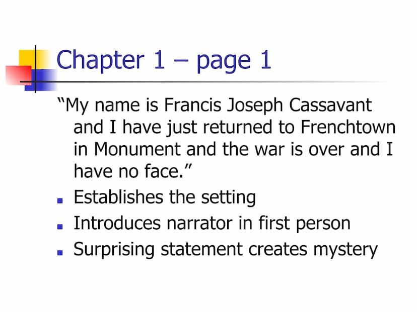 Heroes - Robert Cormier
Key Quotations Chapter 1 - page 1
"My name is Francis Joseph Cassavant
and I have just returned to Frenchtown
in Mon