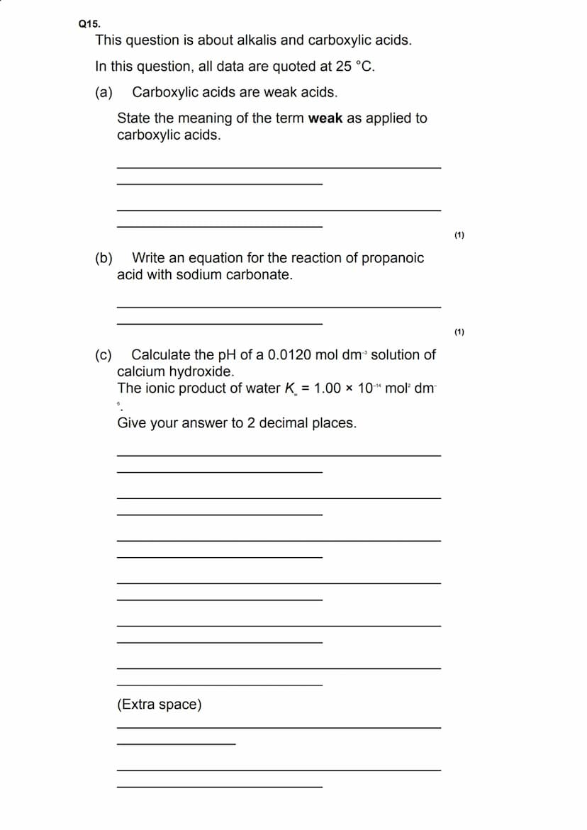 The value of K for the weak acid HX is 3.01 × 10
mol dm³.
Calculate the pH of this buffer solution at 298 K.
Give your answer to 2 decimal p