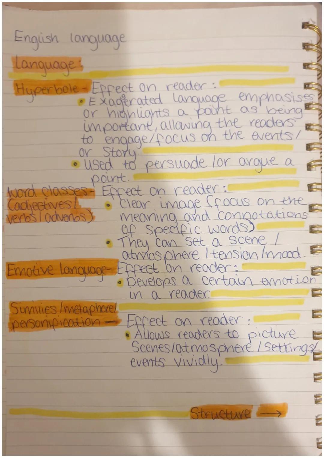 English language
Language
Hyperbole - Effect on reader:
*   Exagerated Language emphasises
or highlights a point as being
important, allowin