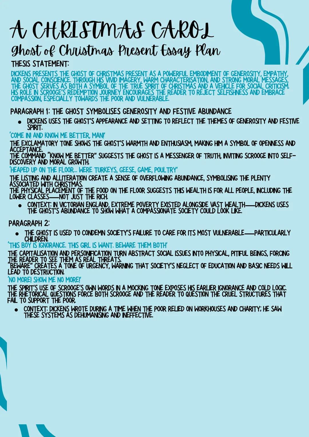 --- OCR Start ---
A CHRISTMAS CAROL
ghost of Christmas Present Essay Plan
THESIS STATEMENT:
DICKENS PRESENTS THE GHOST OF CHRISTMAS PRESENT 