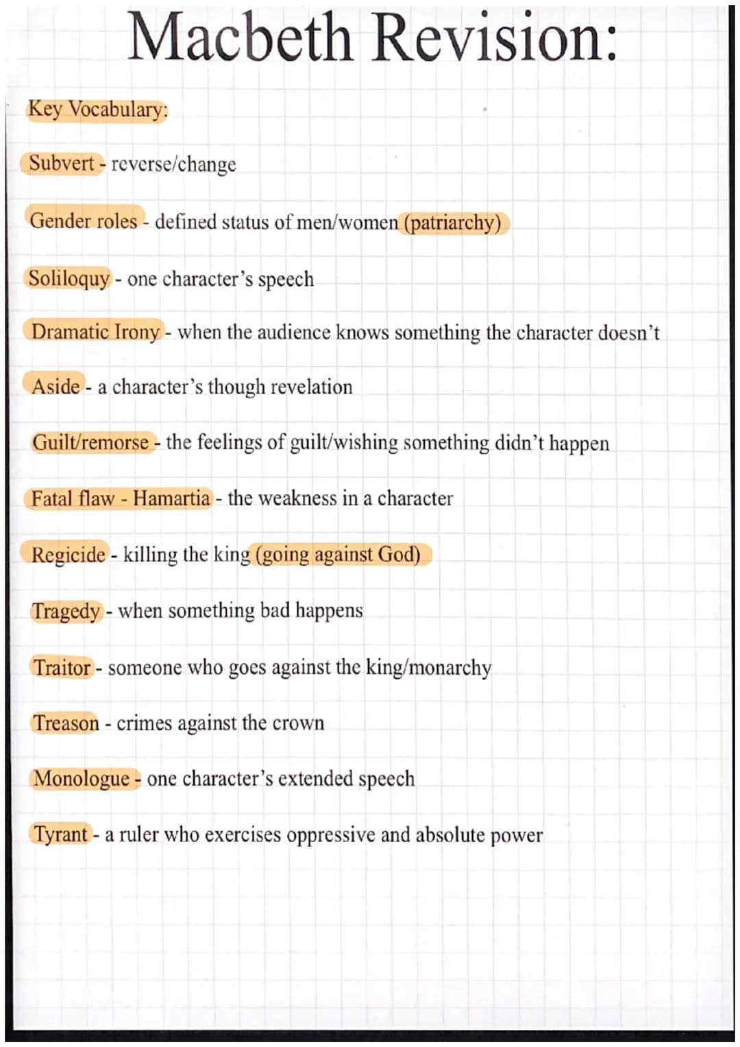 Macbeth Revision:
Key Vocabulary:
Subvert - reverse/change
Gender roles - defined status of men/women (patriarchy)
Soliloquy - one character