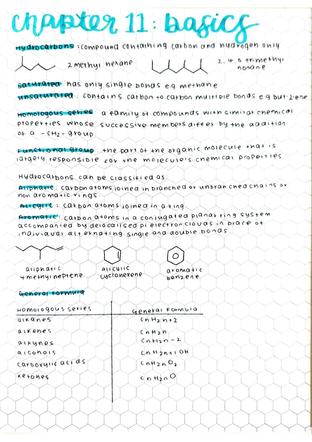 chapter 11: basics
Hydrocarbons : compound containing carbon and hydrogen only
2. 4,6 trimethys
2 methyl hexane
saturated has only single bo