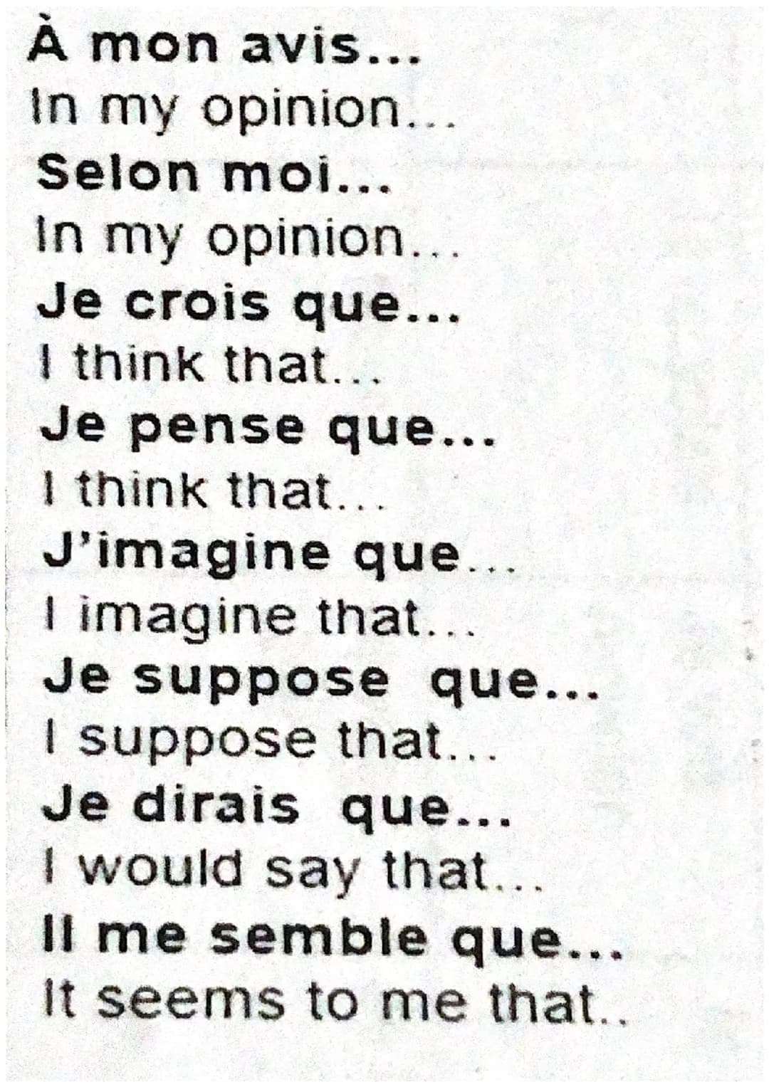 À mon avis...
In my opinion...
Selon moi...
In my opinion...
Je crois que...
I think that...
Je pense que...
I think that...
J'imagine que..