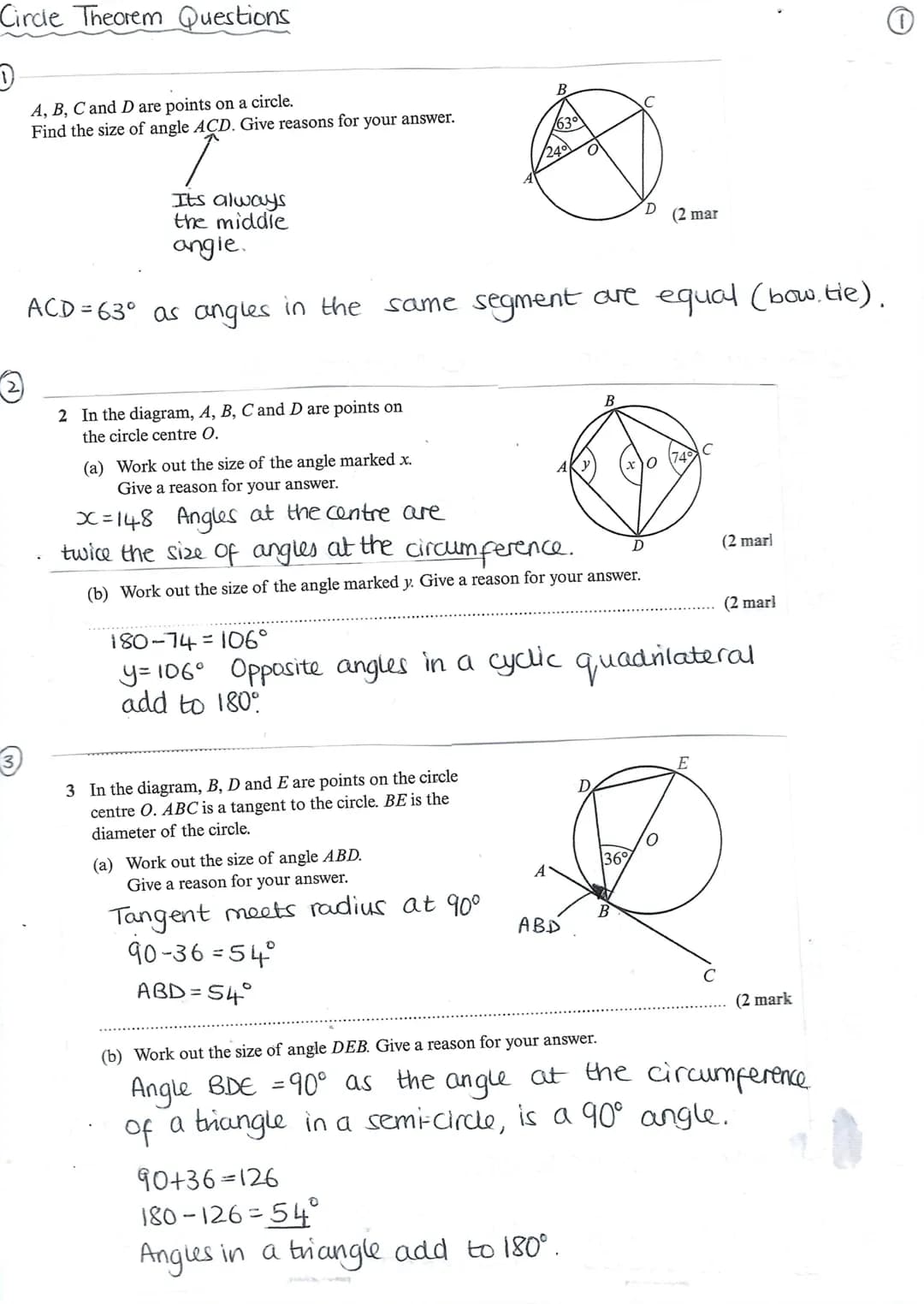 Circle Theorems
Rule 1:
Rule 2:
A
D
Rute 3:
Tangent meets
Radius at 90°
-B
(Tangents
that meet
at a point
are equal in
length
AB=BC
The two
