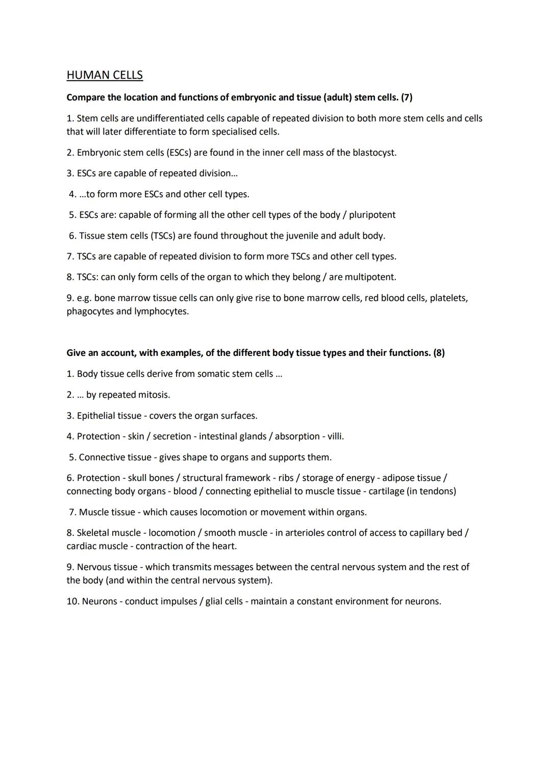 Higher Human Biology- Human Cells Essay Questions Examples