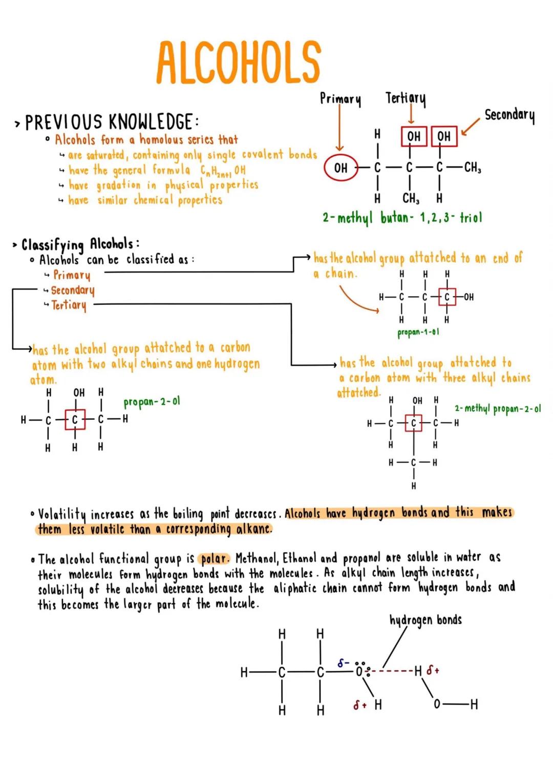 # ALCOHOLS

Primary Tertiary

> PREVIOUS KNOWLEDGE:

Secondary

• Alcohols form a homolous series that

OH OH
are saturated, containing only