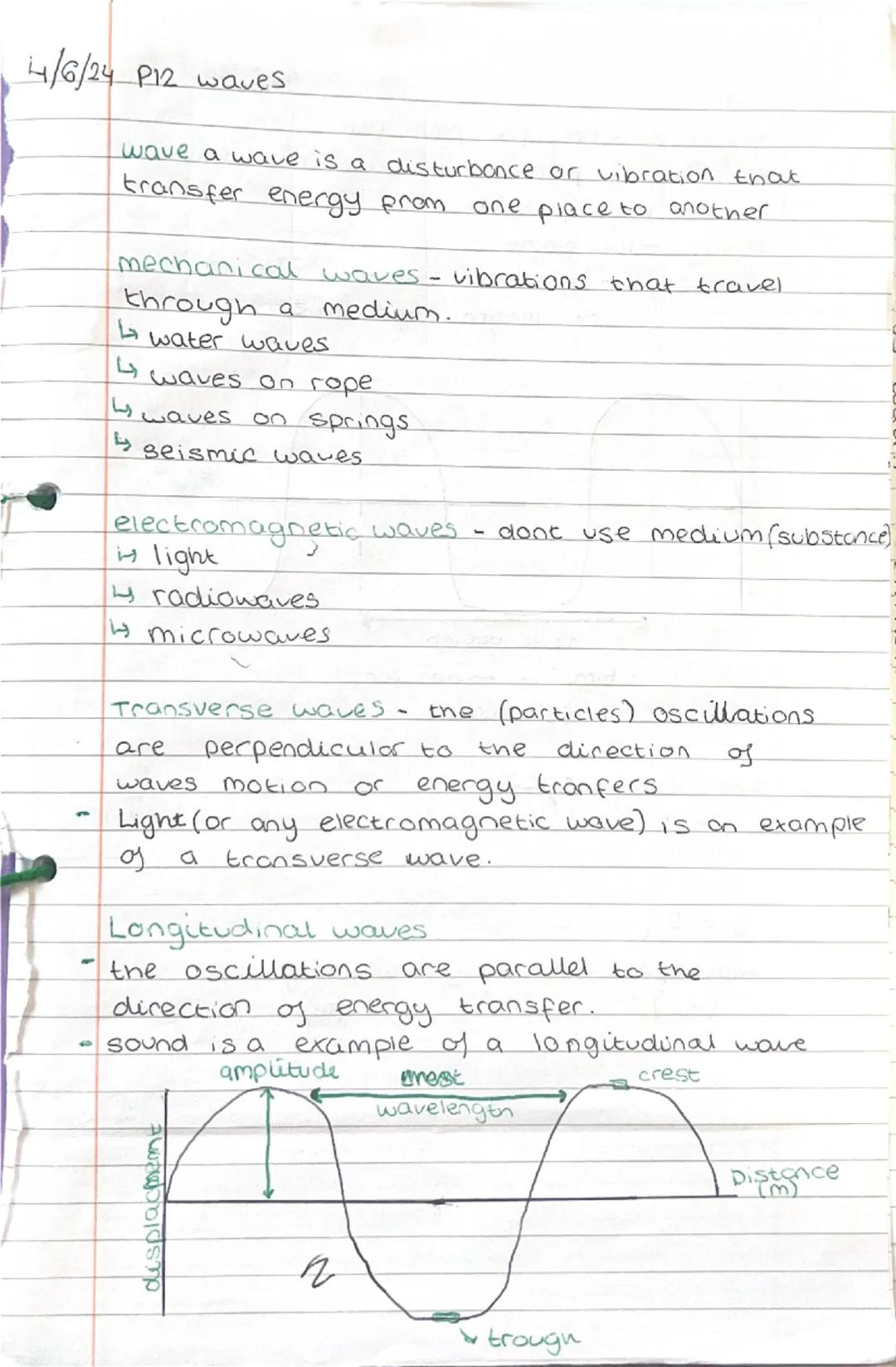 4/6/24 P12 waves
wave a wave is a disturbance or vibration that
transfer energy from one place to another
mechanical waves - vibrations that