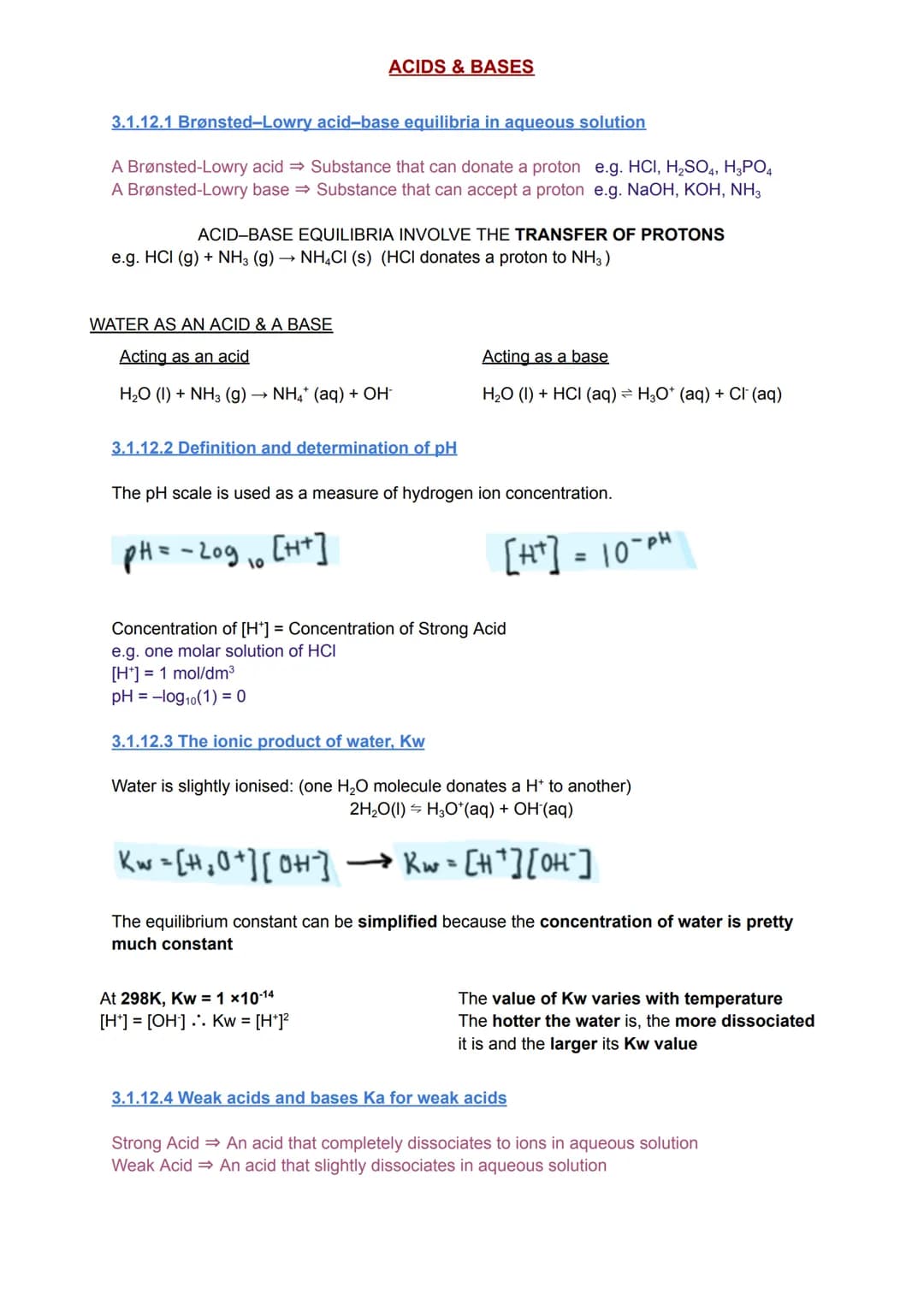3.1.12.1 Brønsted-Lowry acid-base equilibria in aqueous solution
A Brønsted-Lowry acid ⇒ Substance that can donate a proton e.g. HCI, H₂SO4,