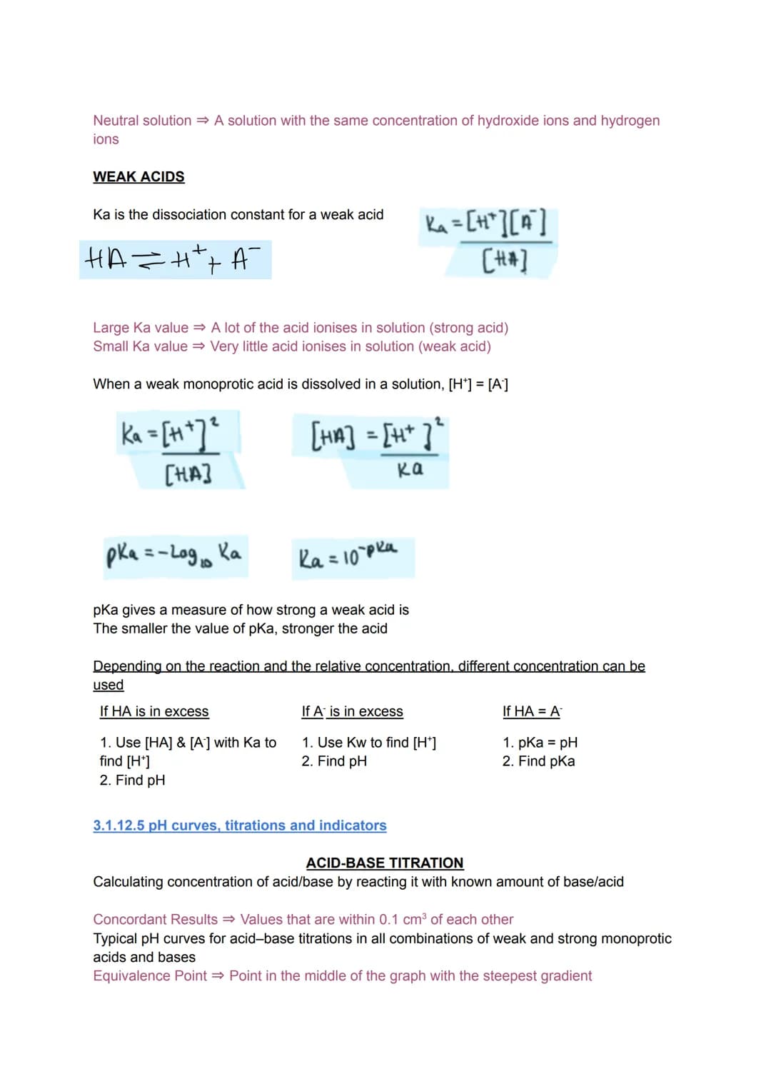3.1.12.1 Brønsted-Lowry acid-base equilibria in aqueous solution
A Brønsted-Lowry acid ⇒ Substance that can donate a proton e.g. HCI, H₂SO4,