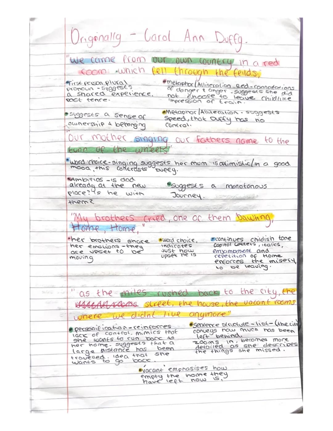 Originally Carol Ann Duffy Questions and Themes for Higher English