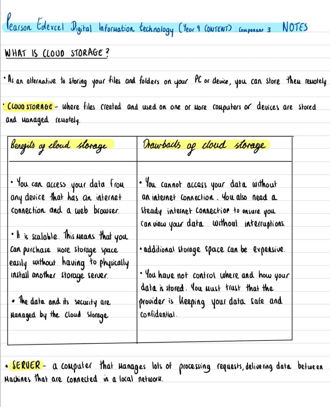 Pearson Edexcel Cloud Storage and Cyber Security Notes PDF - Free GCSE, BTEC IT Level 3