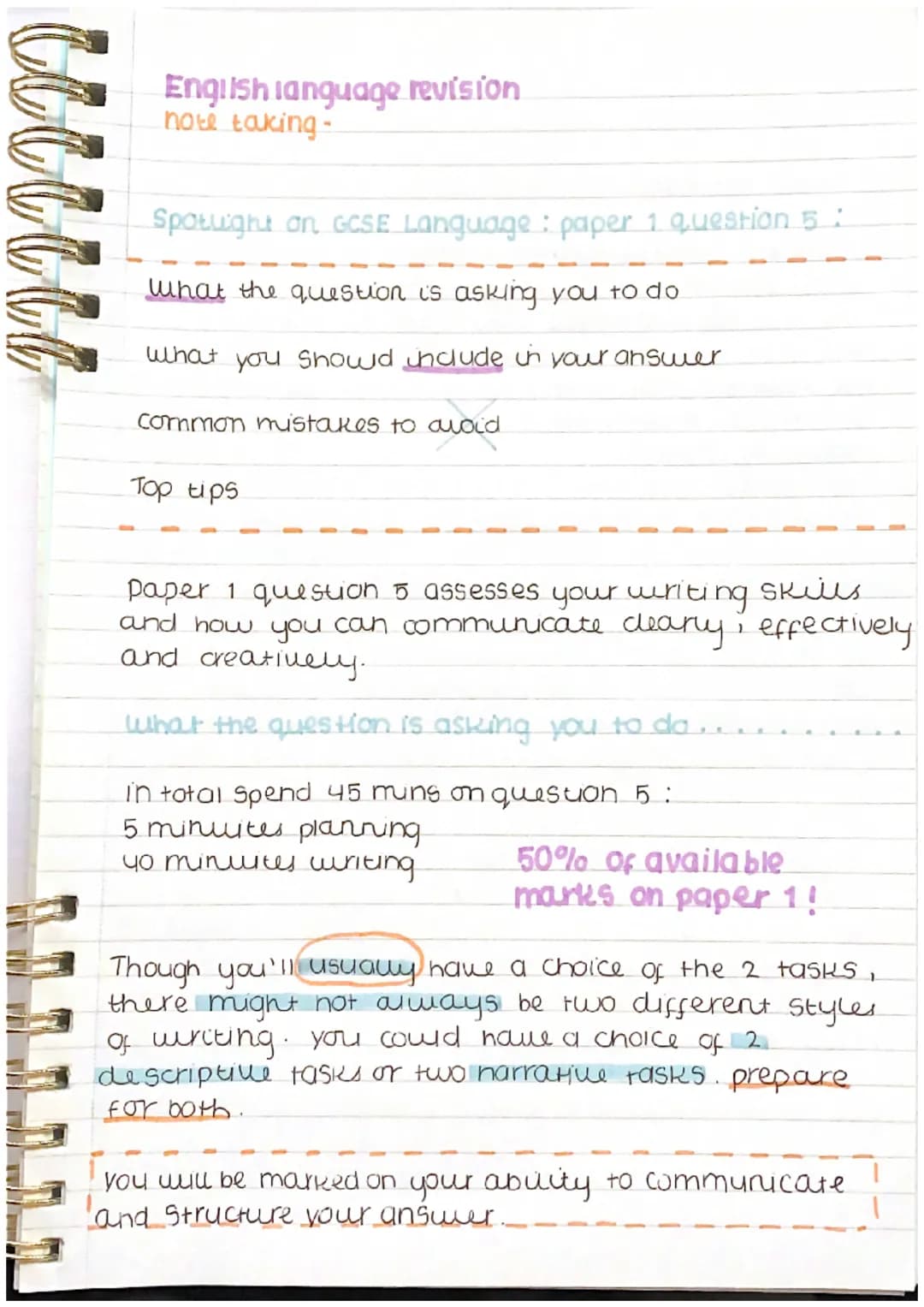 English language revision
note taking-
Spotlight on GCSE Language: paper 1 question 5:
what the question is asking you to do
what you should