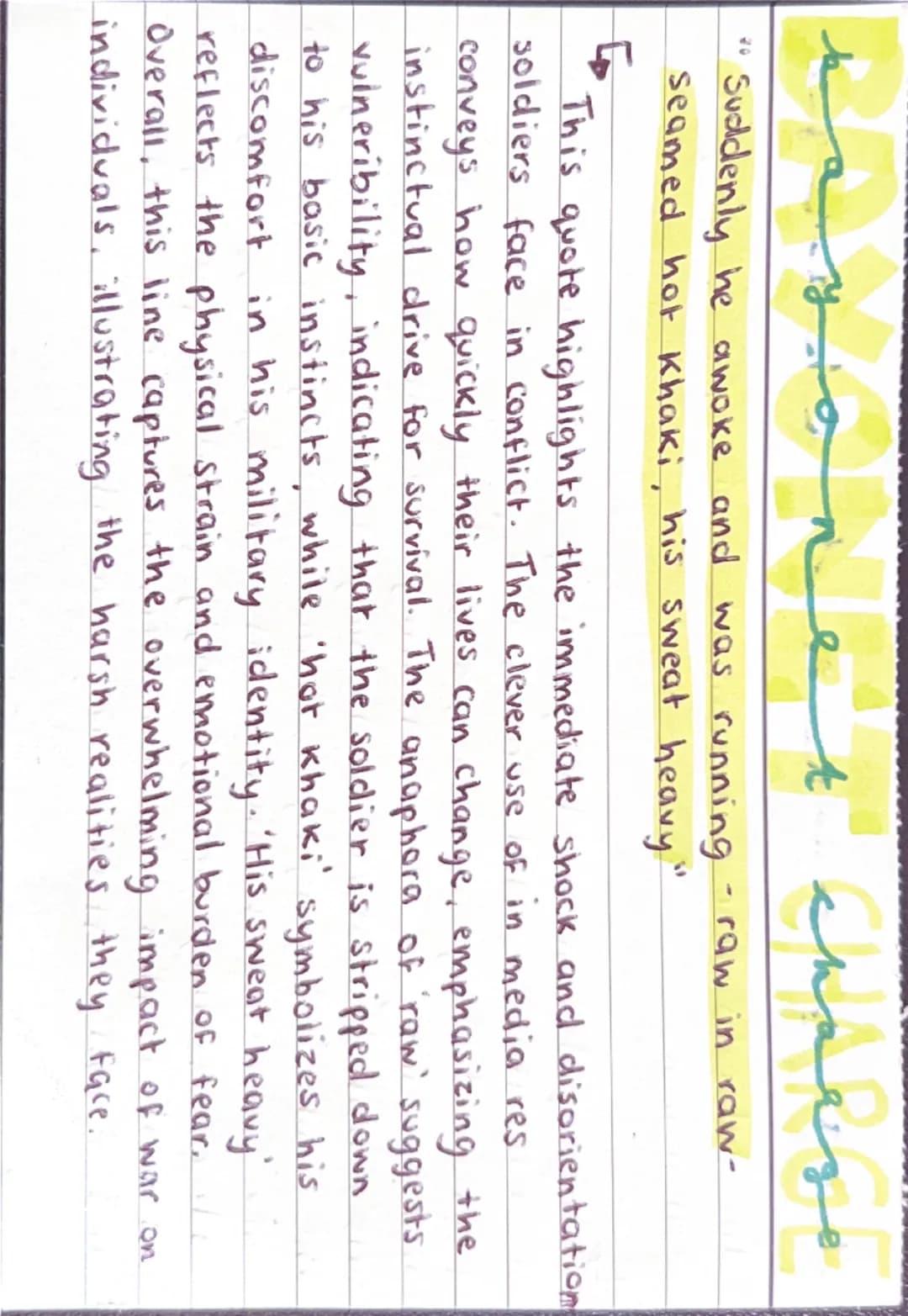 २०
5
A
Suddenly he awoke and was running
seamed hot Khaki, his sweat heavy".
Charge
raw in raw-
This quote highlights the immediate shock an