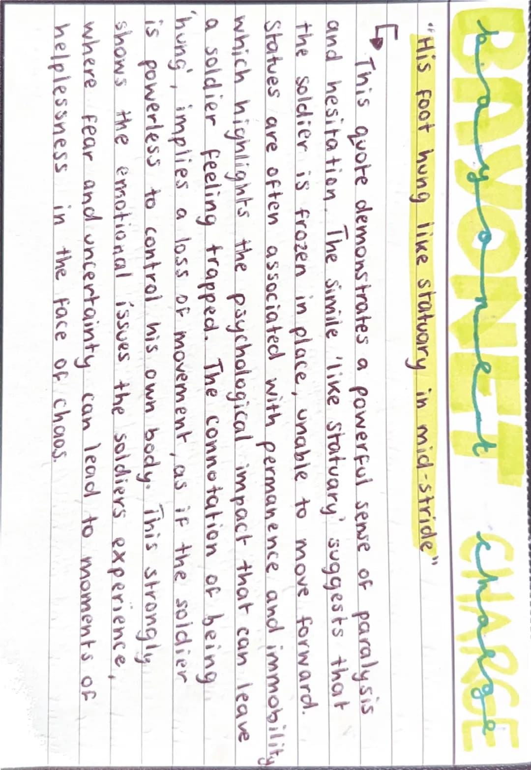 २०
5
A
Suddenly he awoke and was running
seamed hot Khaki, his sweat heavy".
Charge
raw in raw-
This quote highlights the immediate shock an