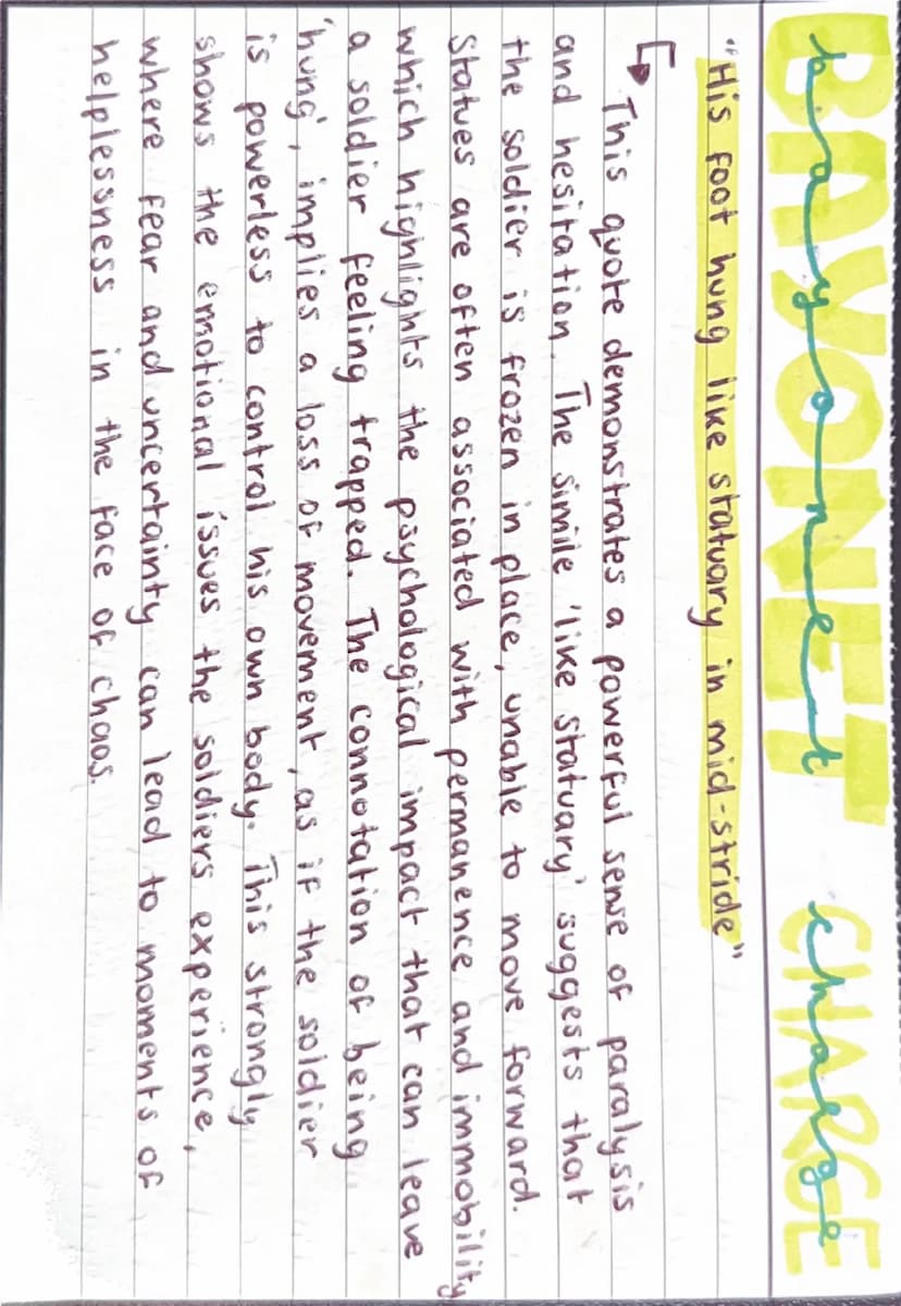 २०
5
A
Suddenly he awoke and was running
seamed hot Khaki, his sweat heavy".
Charge
raw in raw-
This quote highlights the immediate shock an