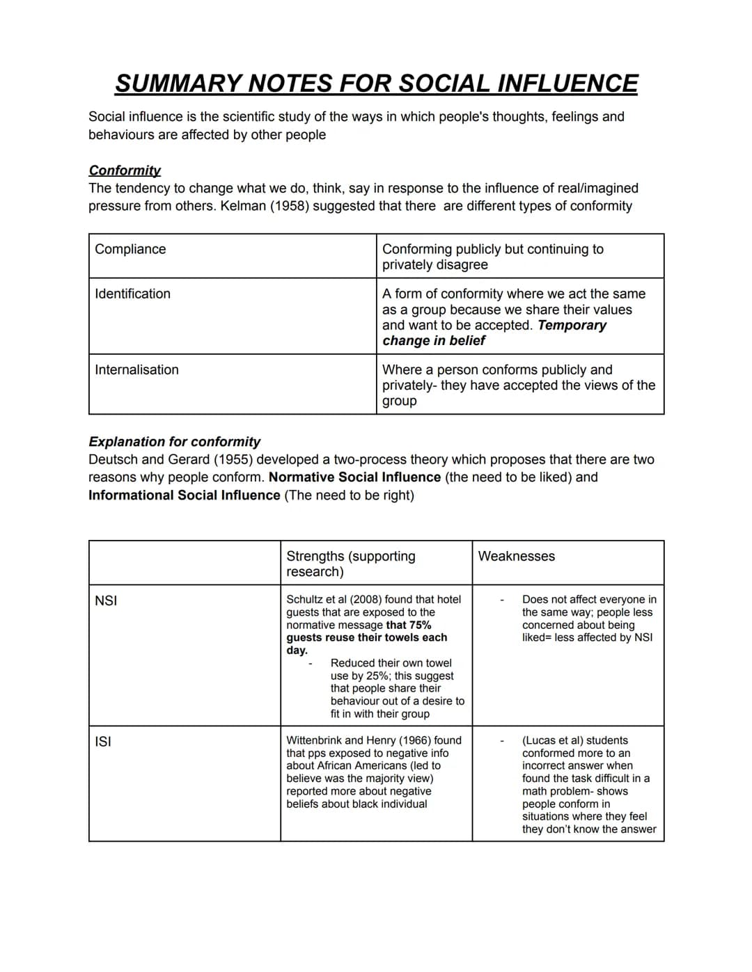 SUMMARY NOTES FOR SOCIAL INFLUENCE
Social influence is the scientific study of the ways in which people's thoughts, feelings and
behaviours 