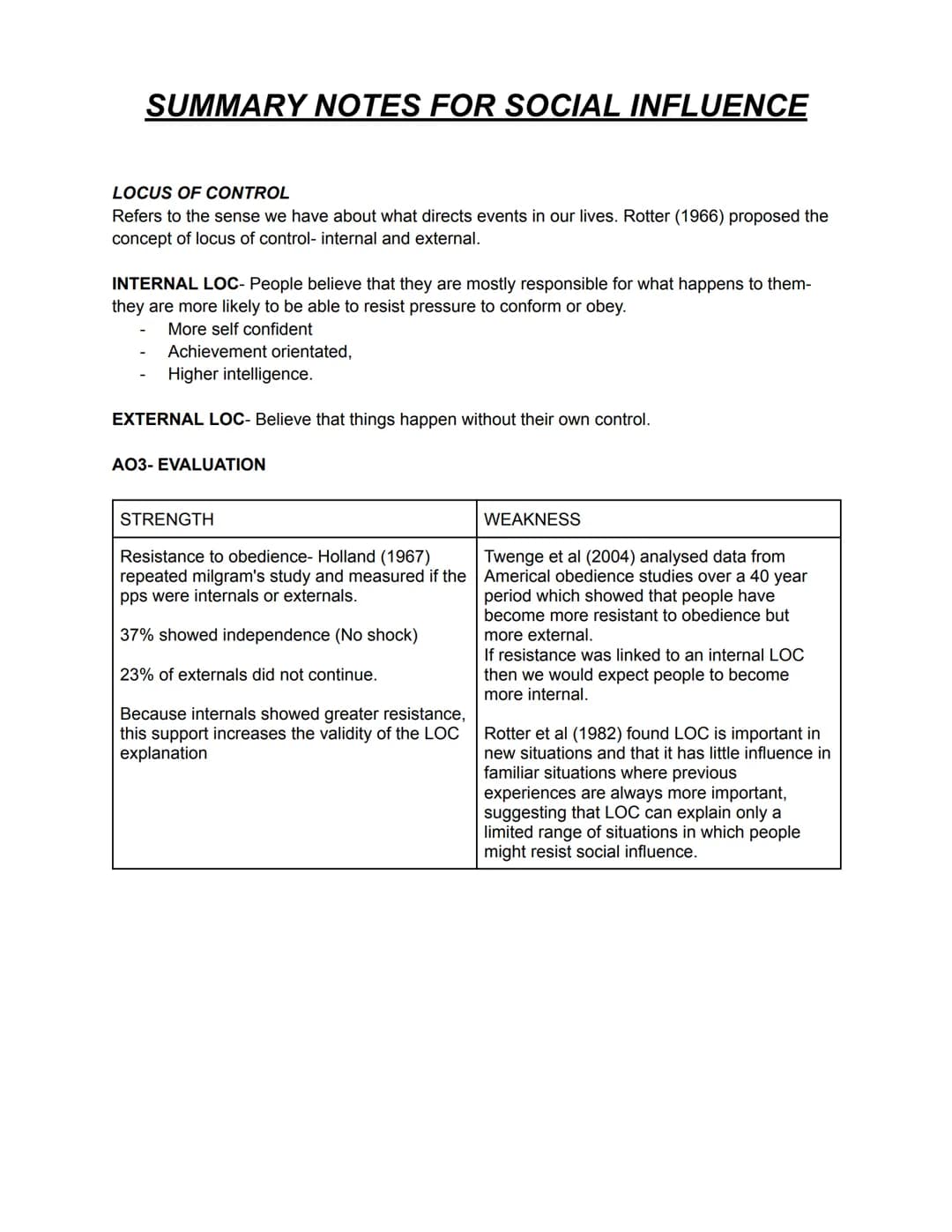 SUMMARY NOTES FOR SOCIAL INFLUENCE
Social influence is the scientific study of the ways in which people's thoughts, feelings and
behaviours 