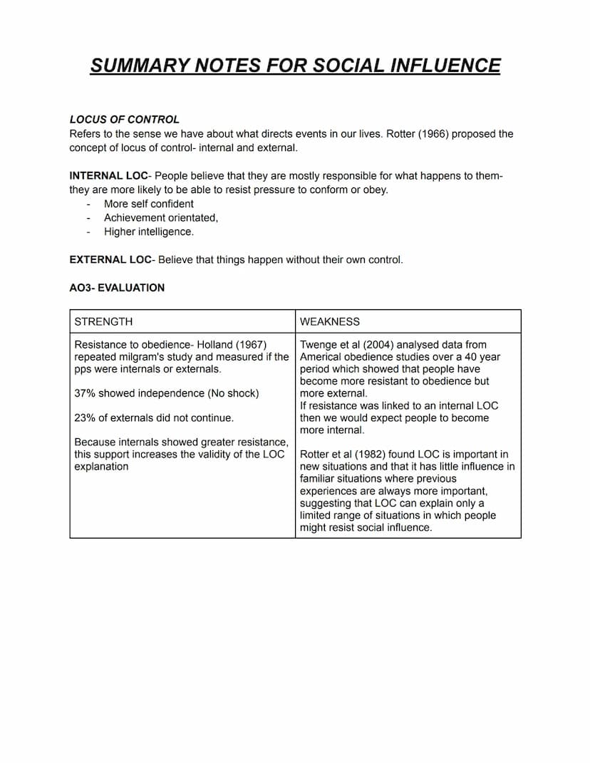 SUMMARY NOTES FOR SOCIAL INFLUENCE
Social influence is the scientific study of the ways in which people's thoughts, feelings and
behaviours 