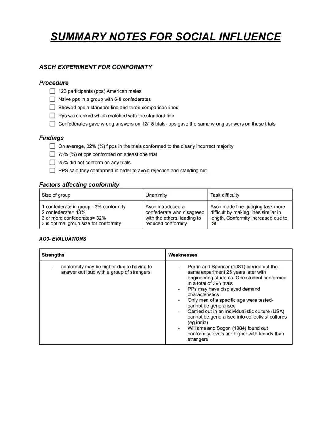 SUMMARY NOTES FOR SOCIAL INFLUENCE
Social influence is the scientific study of the ways in which people's thoughts, feelings and
behaviours 