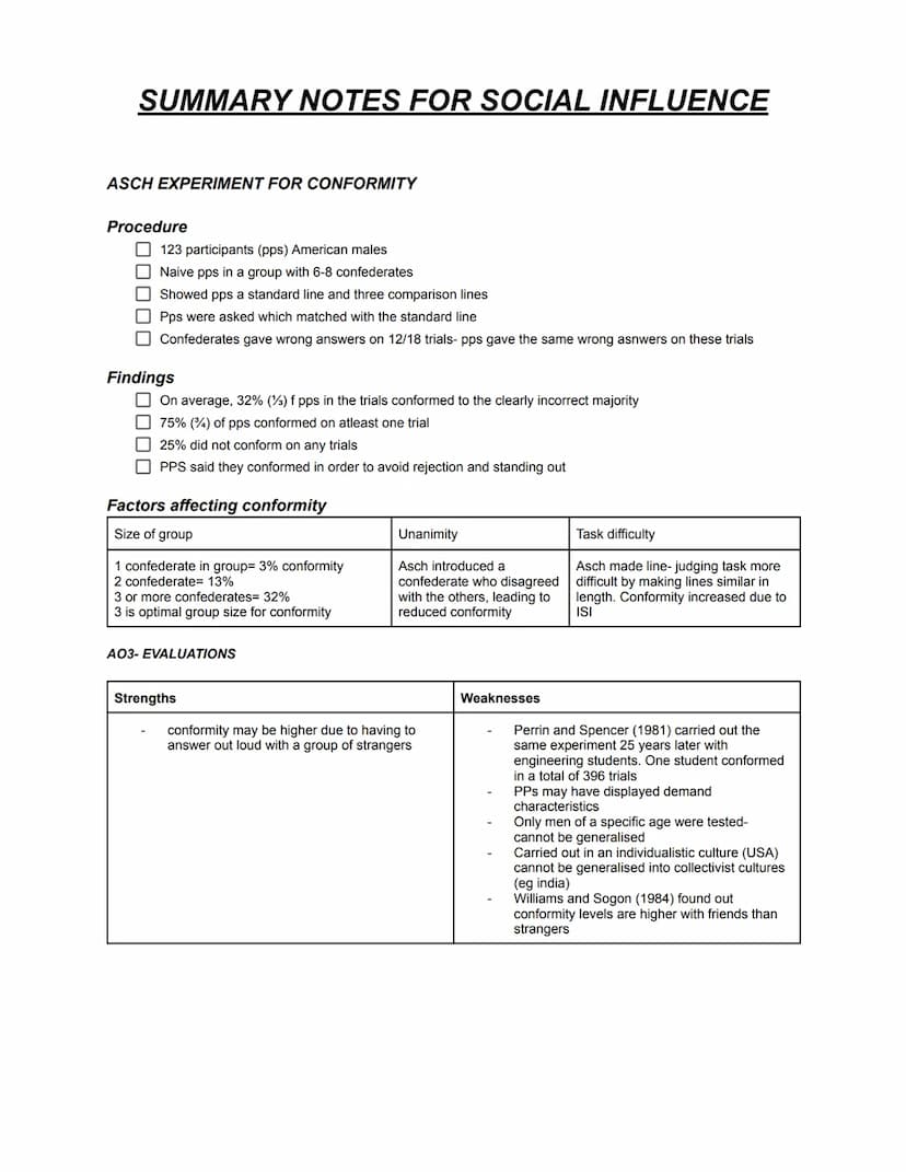 SUMMARY NOTES FOR SOCIAL INFLUENCE
Social influence is the scientific study of the ways in which people's thoughts, feelings and
behaviours 