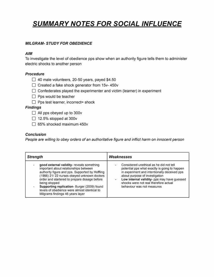 SUMMARY NOTES FOR SOCIAL INFLUENCE
Social influence is the scientific study of the ways in which people's thoughts, feelings and
behaviours 