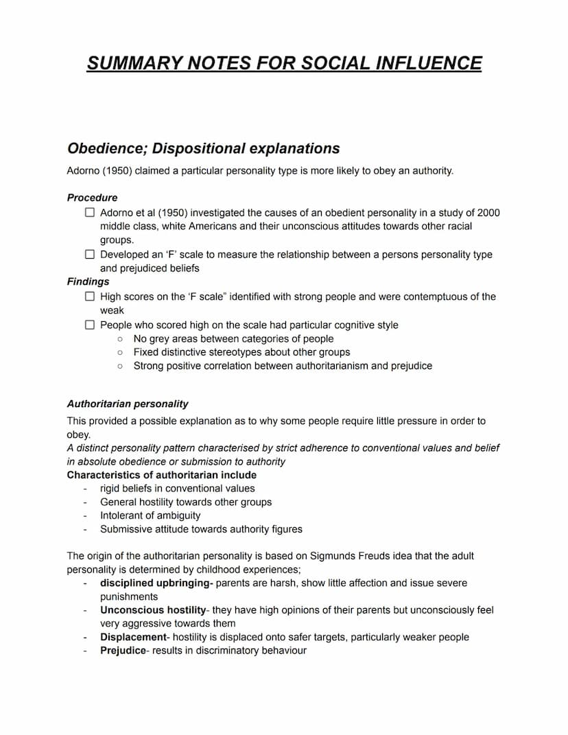 SUMMARY NOTES FOR SOCIAL INFLUENCE
Social influence is the scientific study of the ways in which people's thoughts, feelings and
behaviours 
