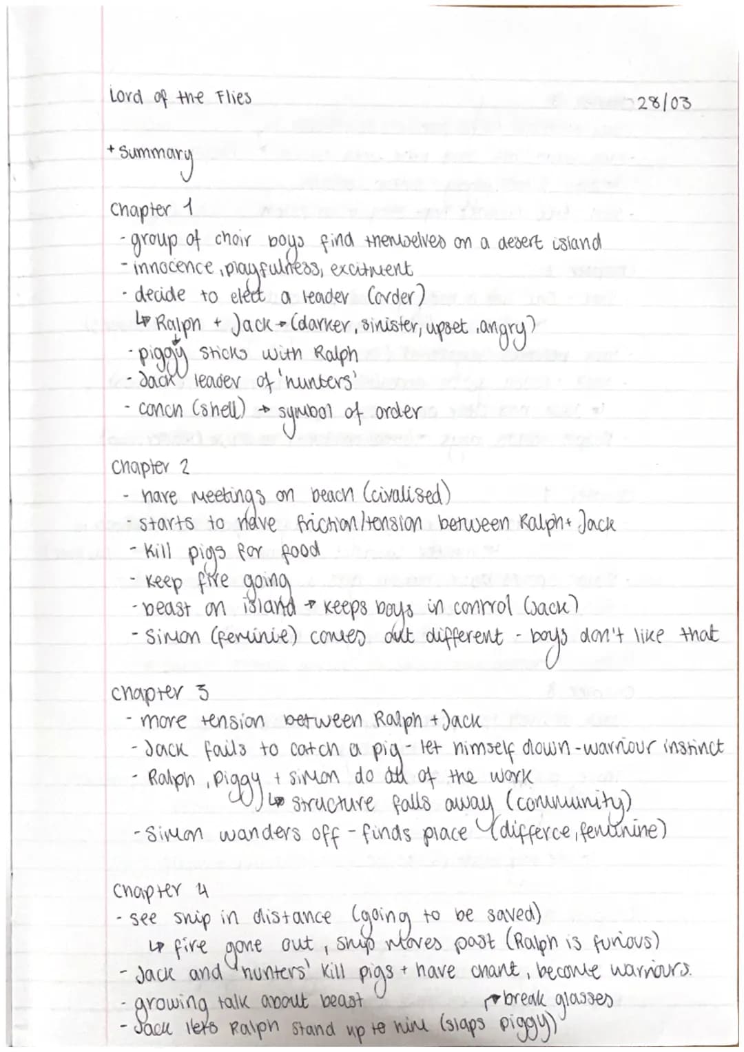 Lord of the Flies
+ Summary
1
Chapter
-group of choir
boys
- innocence, playfulness, excitment
decide to elect a leader (order)
4 Ralph + Ja