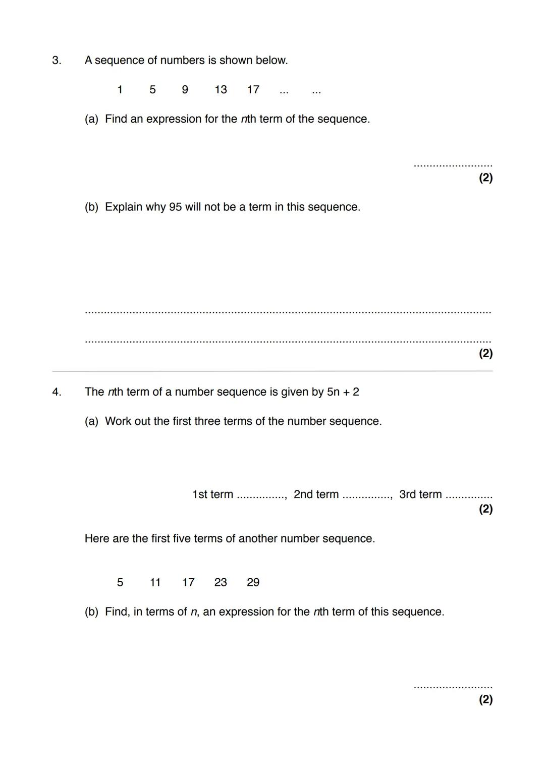 Name:
Exam Style Questions
Sequences: nth term
Ensure you have: Pencil, pen, ruler, protractor, pair of compasses and eraser
You may use tra