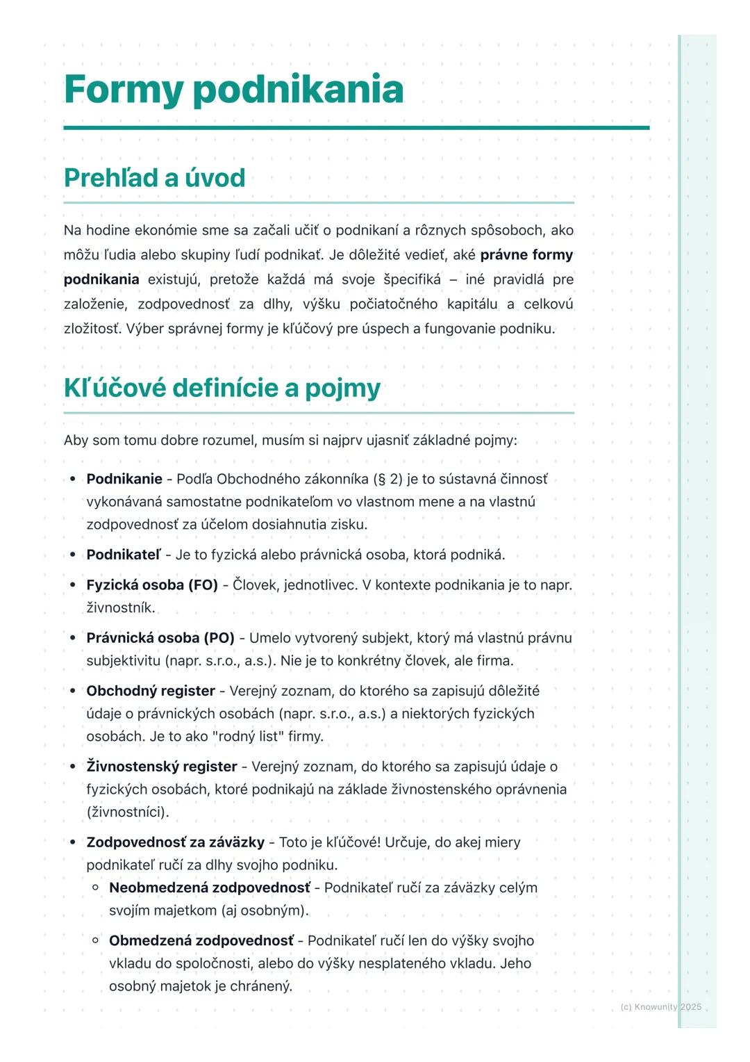 # Formy podnikania

Prehľad a úvod

Na hodine ekonómie sme sa začali učiť o podnikaní a rôznych spôsoboch, ako
môžu ľudia alebo skupiny ľudí