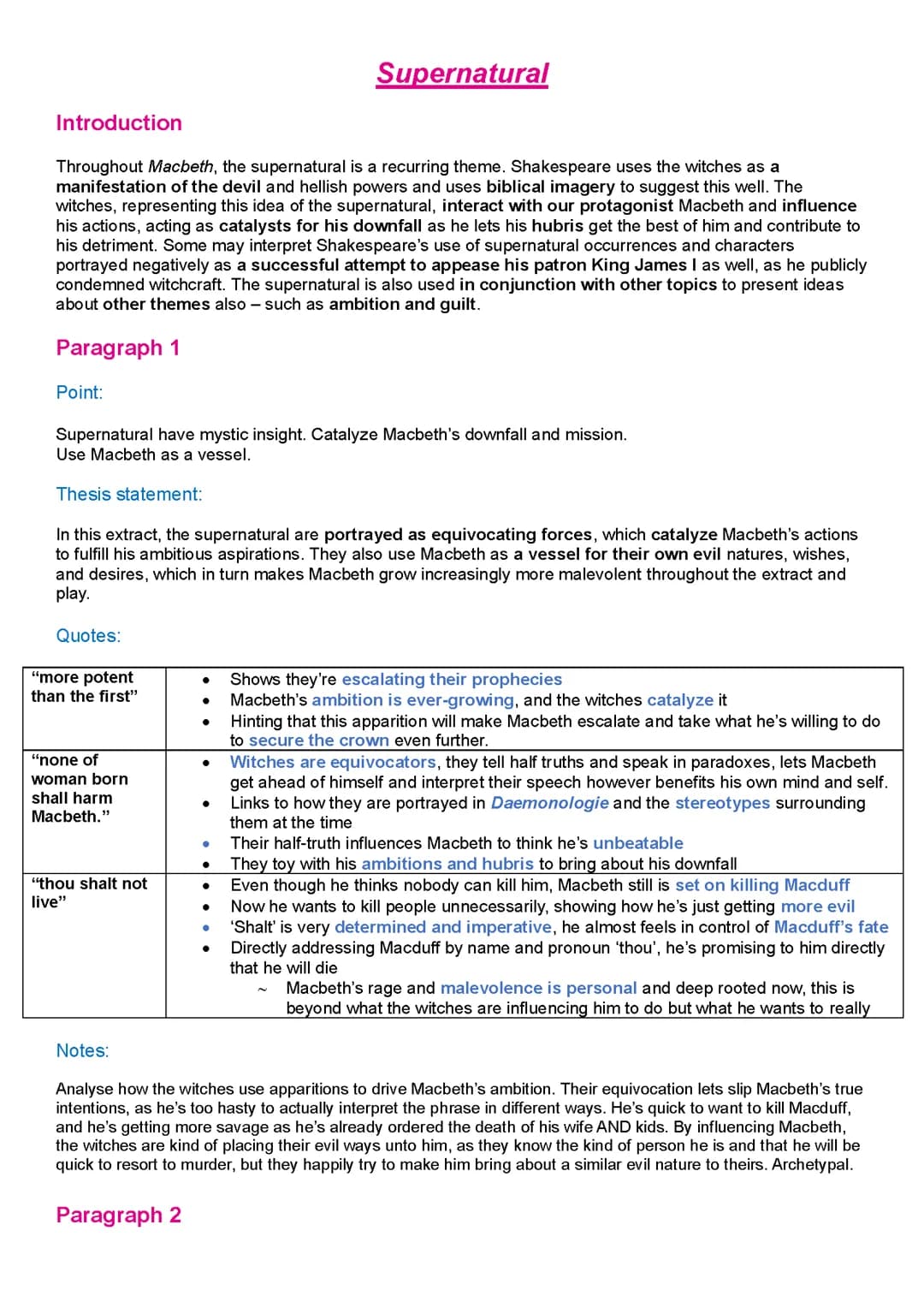  english literature - macbeth supernatural essay plan