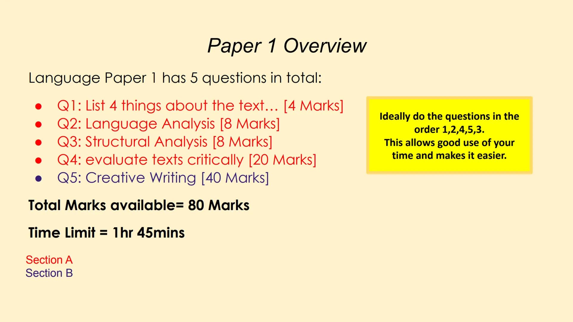 English Language Paper 1
(AQA) Paper 1 Overview
Language Paper 1 has 5 questions in total:
Q1: List 4 things about the text... [4 Marks]
Q2: