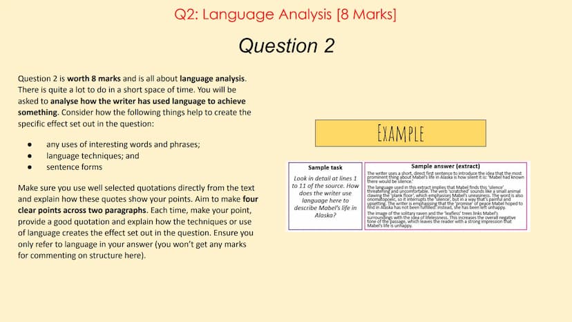 English Language Paper 1
(AQA) Paper 1 Overview
Language Paper 1 has 5 questions in total:
Q1: List 4 things about the text... [4 Marks]
Q2: