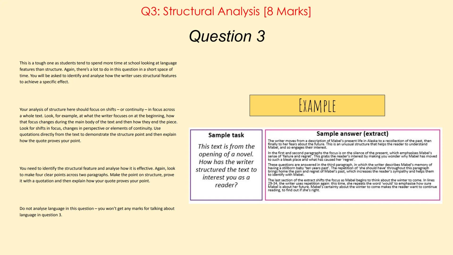 English Language Paper 1
(AQA) Paper 1 Overview
Language Paper 1 has 5 questions in total:
Q1: List 4 things about the text... [4 Marks]
Q2: