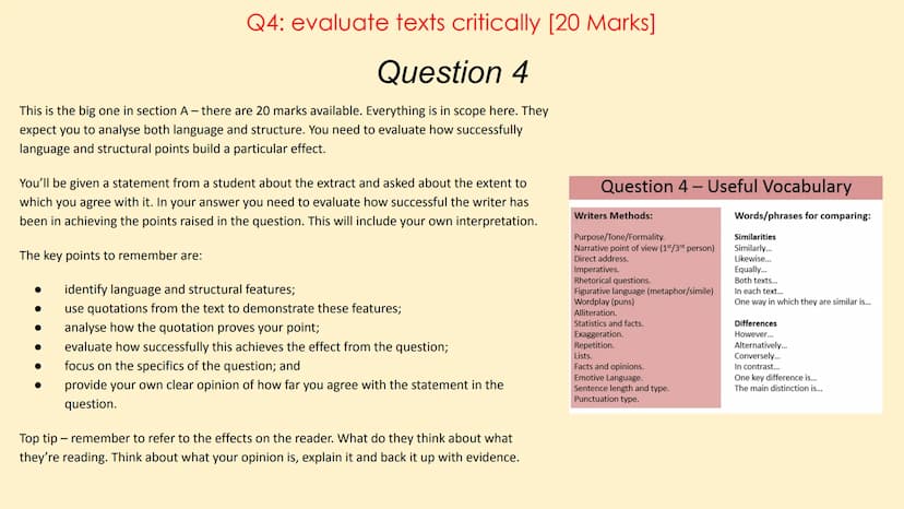 English Language Paper 1
(AQA) Paper 1 Overview
Language Paper 1 has 5 questions in total:
Q1: List 4 things about the text... [4 Marks]
Q2: