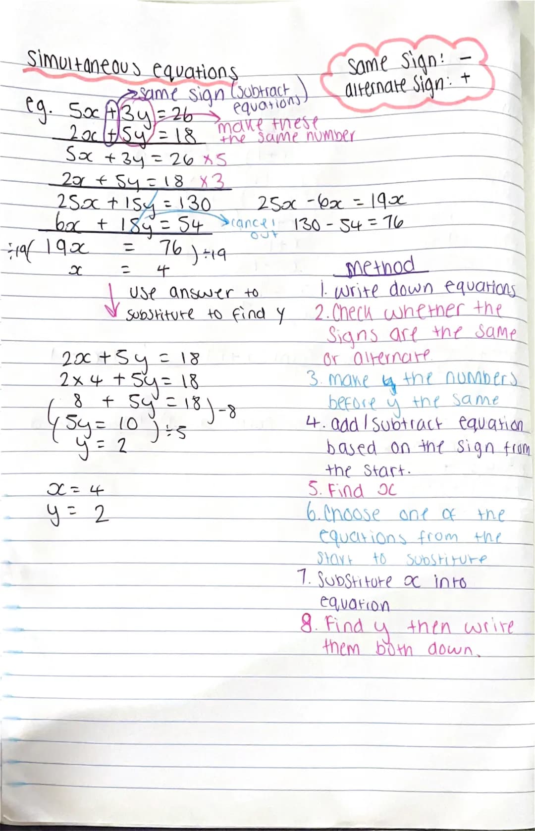 Simultaneous equations.
same sign
eg. Soc A 3y = 26 equations)
20ctsy = 18 mhe same number
5x + 3y = 26 X5
201 + 5y = 18 ×3-
25x + 15y = 130