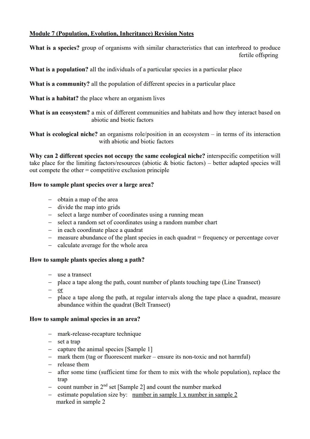 # Module 7 (Population, Evolution, Inheritance) Revision Notes

What is a species? group of organisms with similar characteristics that can 