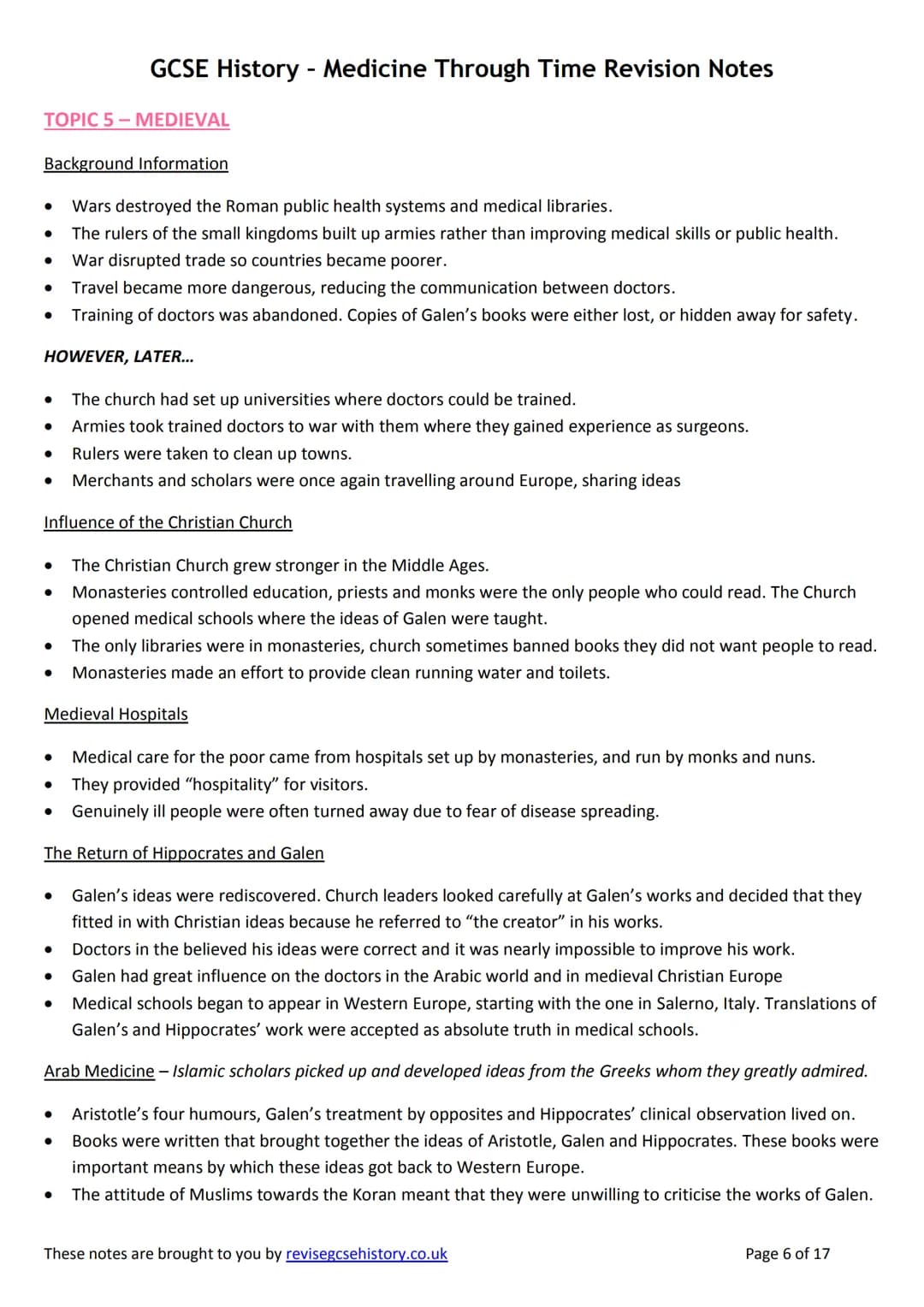GCSE History - Medicine Through Time Revision Notes
TOPIC 5-MEDIEVAL
Background Information
Wars destroyed the Roman public health systems a