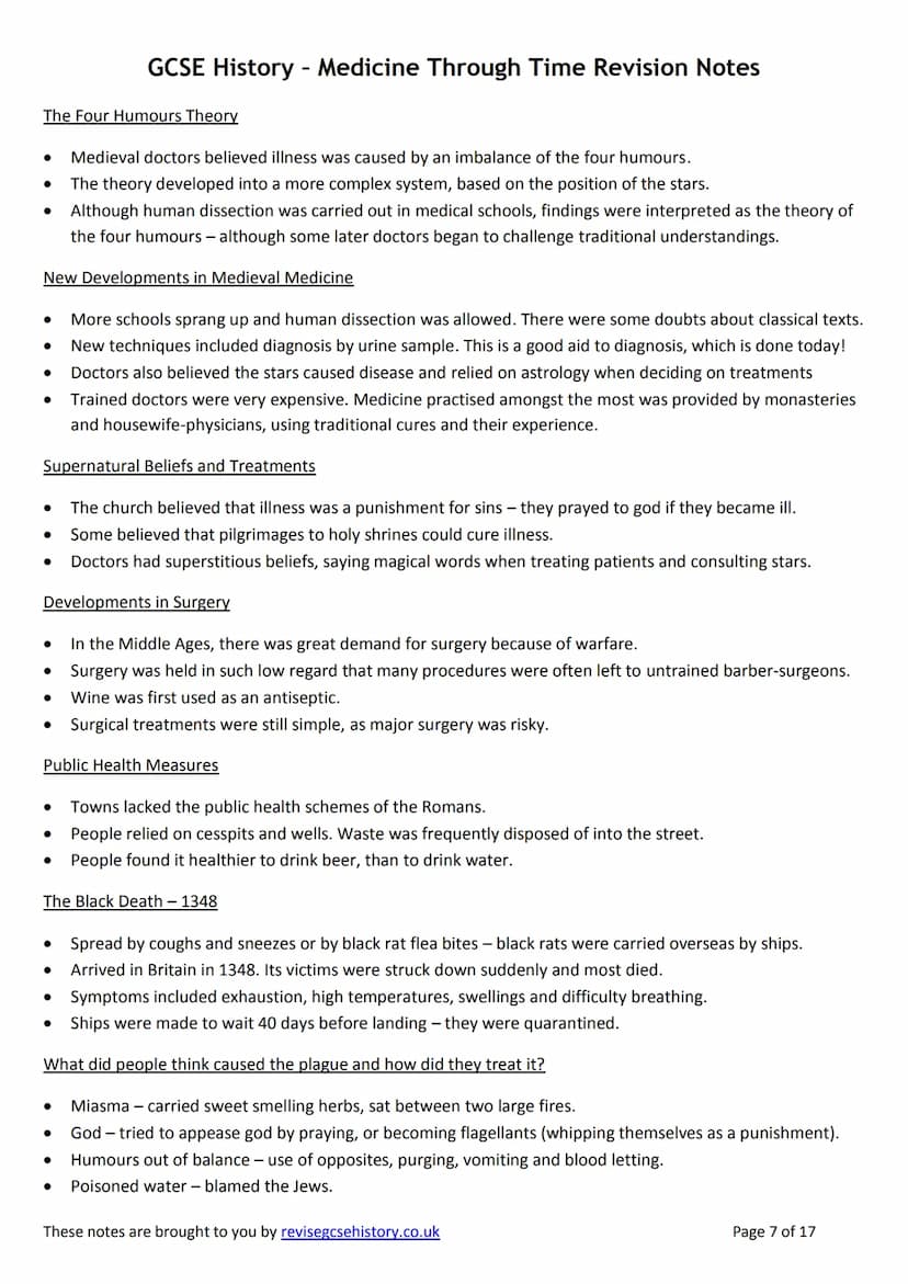 GCSE History - Medicine Through Time Revision Notes
TOPIC 5-MEDIEVAL
Background Information
Wars destroyed the Roman public health systems a