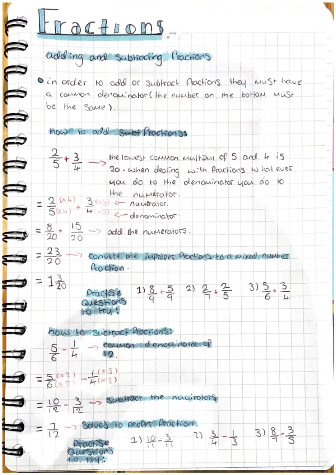 F
аааааааааааа
Fractions
adding and subtracting Practions
• in order to add or subtract fractions they must have
a common denominator (the n