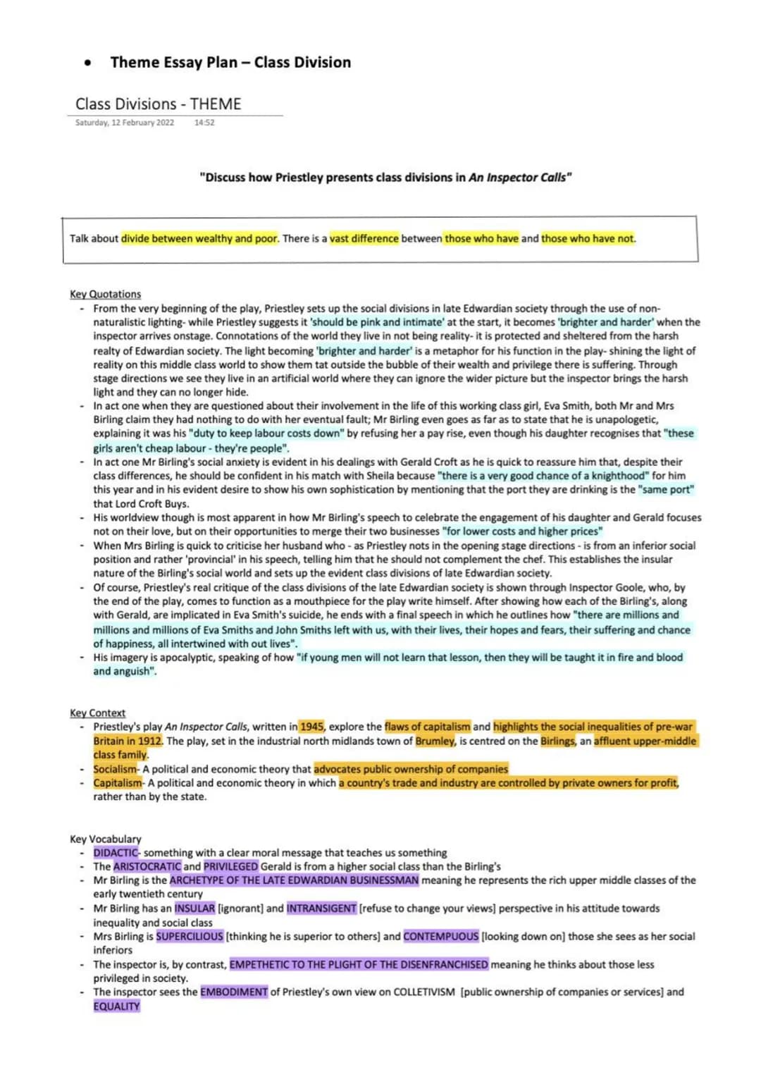 An Inspector Calls Notes
Sheila Birling - CHARACTER
Saturday, 12 February 2022 13:04
Essay Plans
Character Essay Plan - Sheila Birling
"Expl