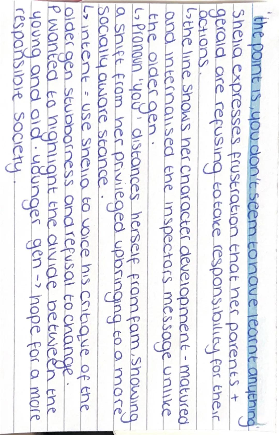 # INSPECTOR CALLS

# SHEILA

Quotes
Analysis
Intense.

english paper 2 --- OCR Start ---
I started it'
personal pronoun, full responsibility