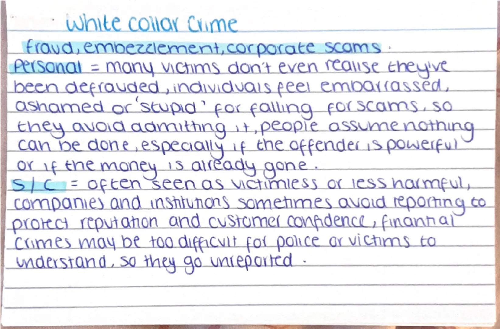 # AC 1.2

Explain the reasons that
certain crimes are unreported

CRIMINOLOGY # White collar crime
fraud, embezzlement, corporate scams.
Per
